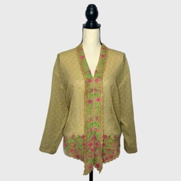 Lauren Ralph Lauren Embroidered Floral Lace Trim Sheer Blouse - Picture 3 of 13